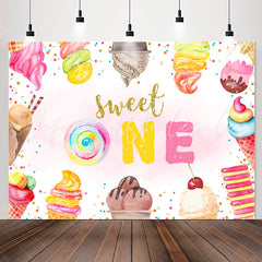 Lofaris Sweet One Ice Cream Pink Happy 1st Birthday Backdrop