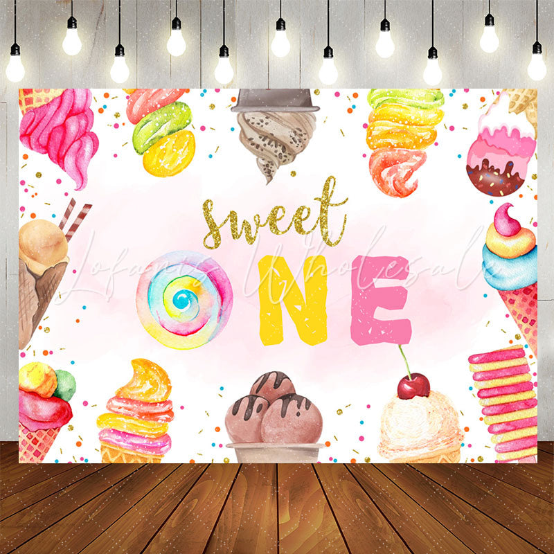 Lofaris Sweet One Ice Cream Pink Happy 1st Birthday Backdrop