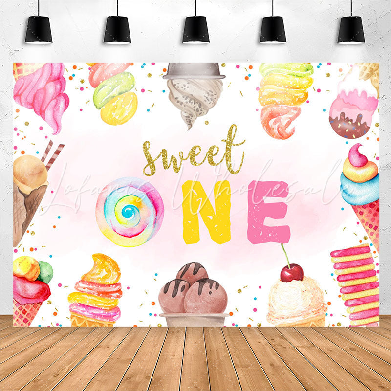 Lofaris Sweet One Ice Cream Pink Happy 1st Birthday Backdrop