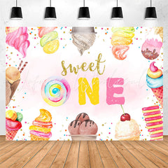 Lofaris Sweet One Ice Cream Pink Happy 1st Birthday Backdrop
