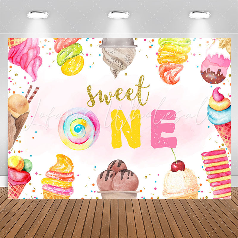 Lofaris Sweet One Ice Cream Pink Happy 1st Birthday Backdrop