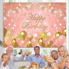 Lofaris Sweet Pink Balloon Flag Ribbon Happy Birthday Backdrop