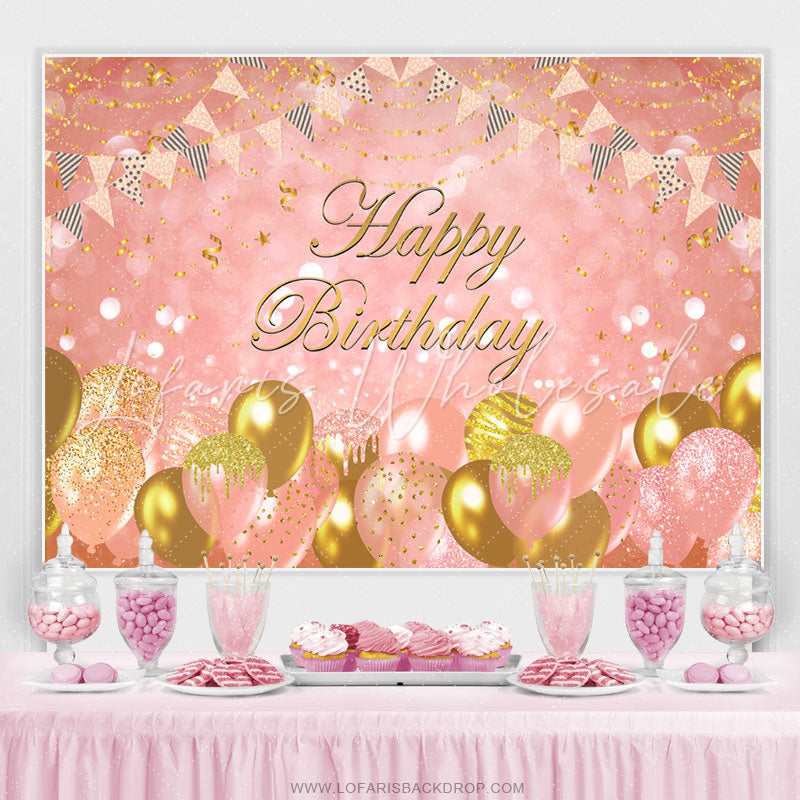 Lofaris Sweet Pink Balloon Flag Ribbon Happy Birthday Backdrop