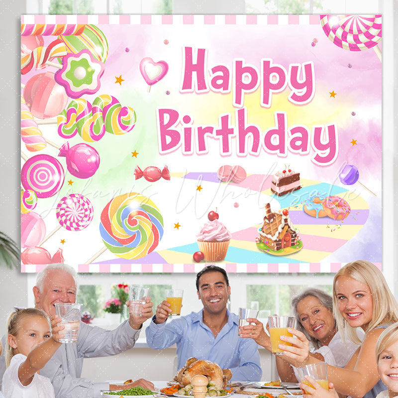 Lofaris Sweet Pink Dessert World Themed Happy Birthday Backdrop