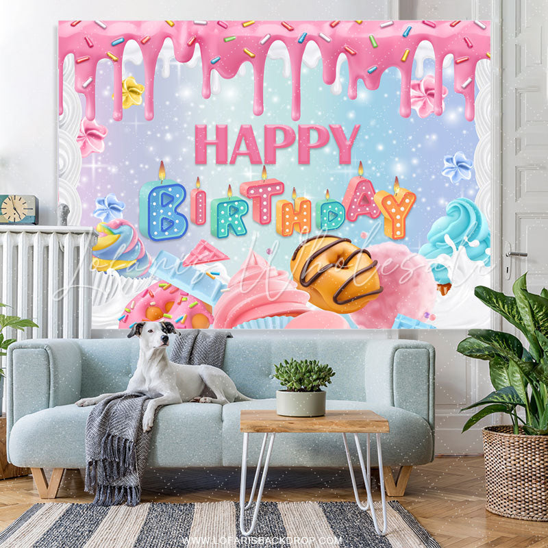 Lofaris Sweet Pink Ice Cream Cake Girls Happy Birthday Backdrop