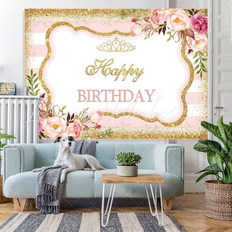 Lofaris Sweet Rose Glitter Gold Dots Happy Birthday Backdrop