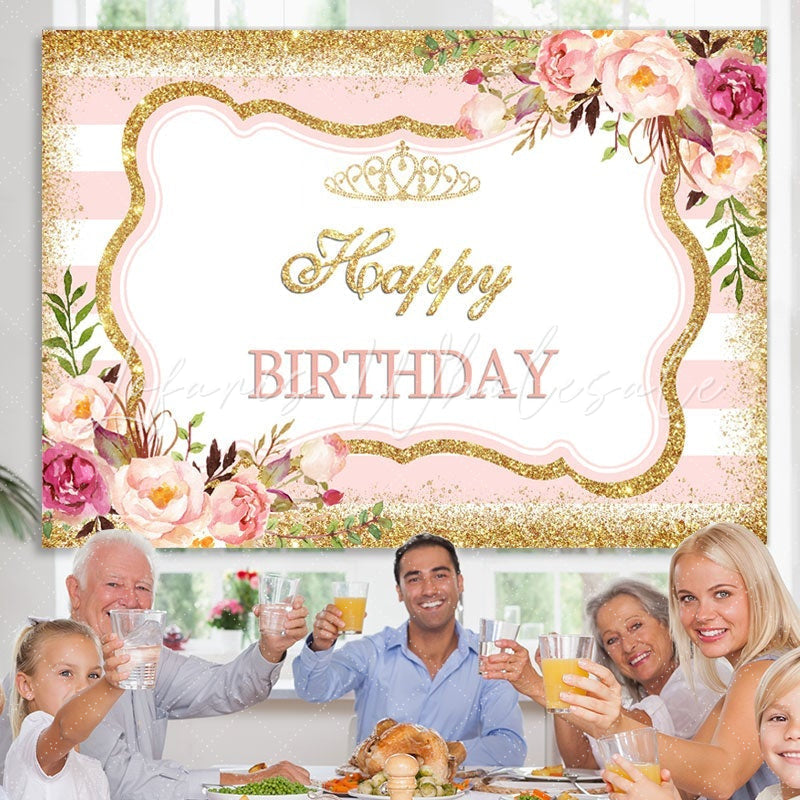 Lofaris Sweet Rose Glitter Gold Dots Happy Birthday Backdrop