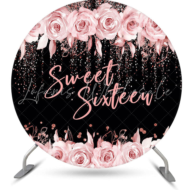 Lofaris Sweet Sixteen Rose Black Round 16 Birthday Backdrop