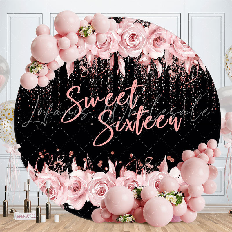 Lofaris Sweet Sixteen Rose Black Round 16 Birthday Backdrop