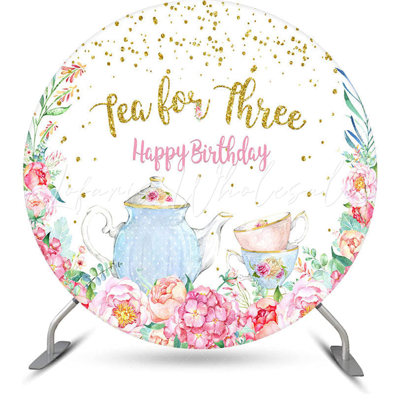 Lofaris Tea For Three Flower Round Girls Birthday Backdrop