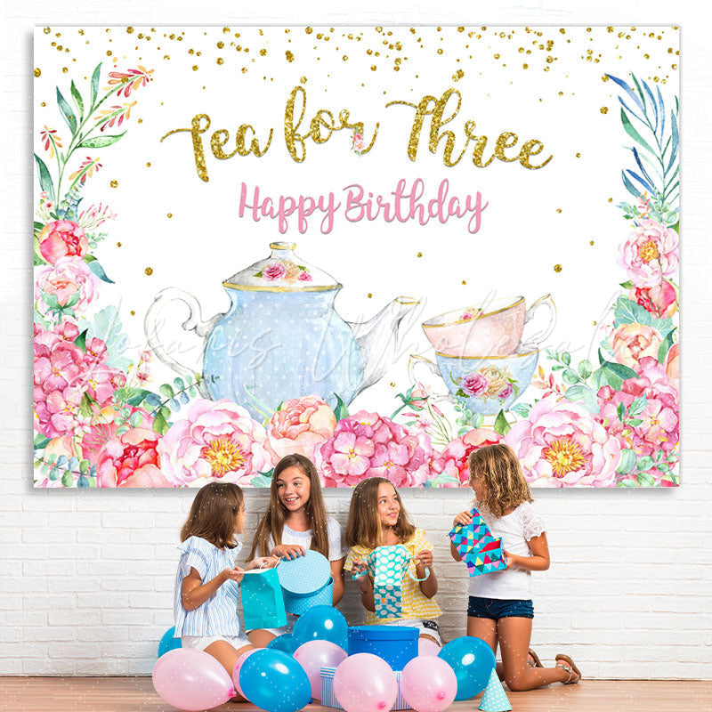 Lofaris Teapot and Floral Happy 3rd Birthday Backdrop For Girl