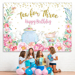 Lofaris Teapot and Floral Happy 3rd Birthday Backdrop For Girl