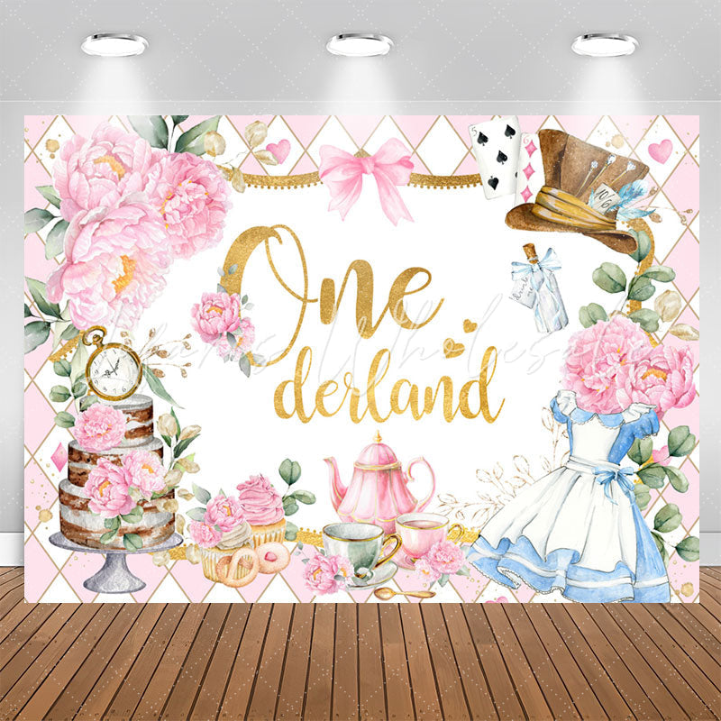 Lofaris Teatime Pink Floral Plaid 1st Girl Birthday Backdrop