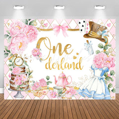 Lofaris Teatime Pink Floral Plaid 1st Girl Birthday Backdrop