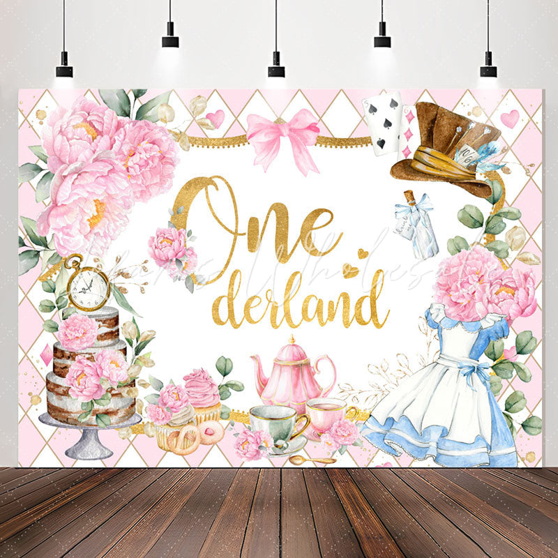 Lofaris Teatime Pink Floral Plaid 1st Girl Birthday Backdrop