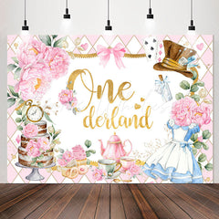 Lofaris Teatime Pink Floral Plaid 1st Girl Birthday Backdrop