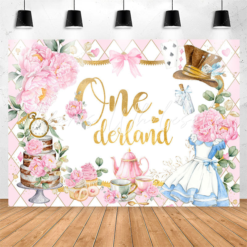 Lofaris Teatime Pink Floral Plaid 1st Girl Birthday Backdrop