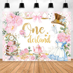 Lofaris Teatime Pink Floral Plaid 1st Girl Birthday Backdrop