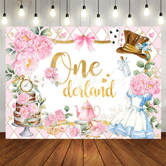 Lofaris Teatime Pink Floral Plaid 1st Girl Birthday Backdrop