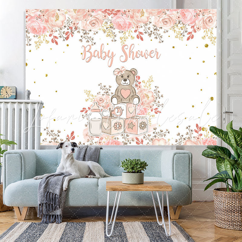 Lofaris Teddy Bear and Pink Plant Baby Shower Backdrop Girl