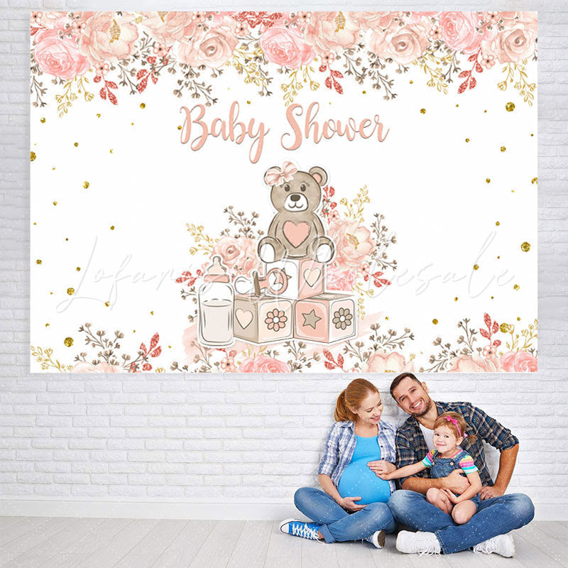 Lofaris Teddy Bear and Pink Plant Baby Shower Backdrop Girl