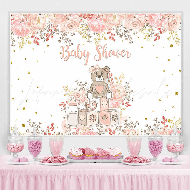 Lofaris Teddy Bear and Pink Plant Baby Shower Backdrop Girl