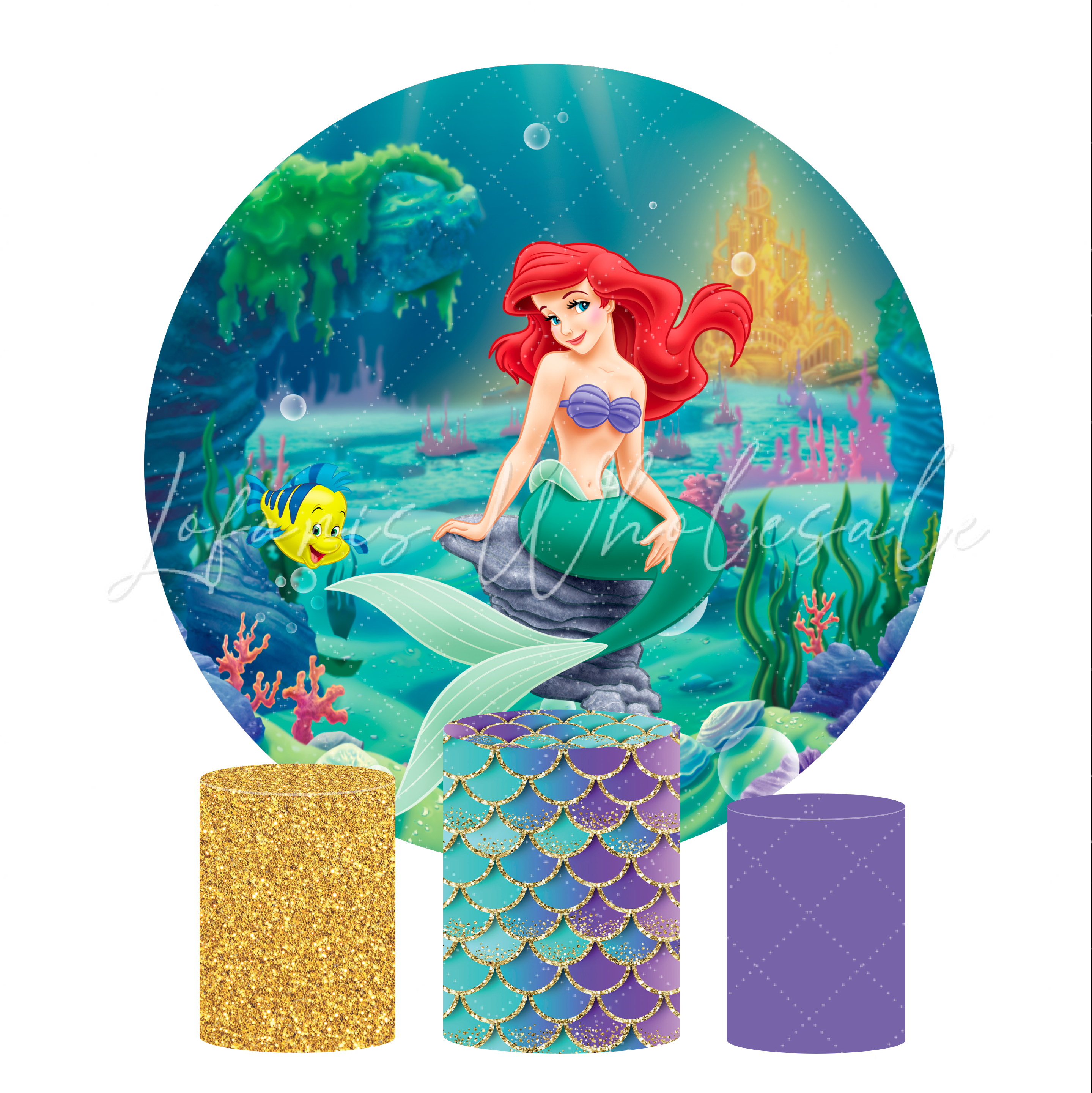 The Little Mermaid Birthday Party Round Backdrop Cover Plinth Cylinder Pedestal Cloth Cover