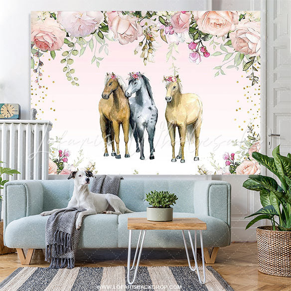 Lofaris Three Horses Floral Baby Shower Backdrop For Girls
