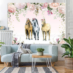 Lofaris Three Horses Floral Baby Shower Backdrop For Girls