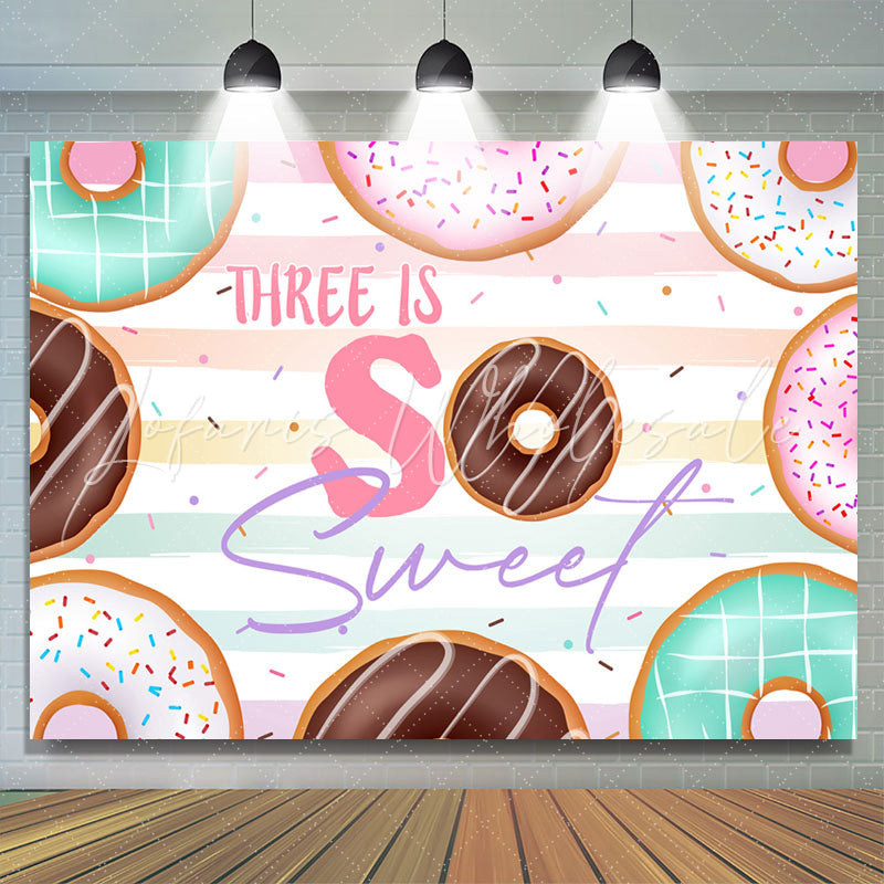 Lofaris Three Is So Sweet Colorful Donut Birthday Backdrop