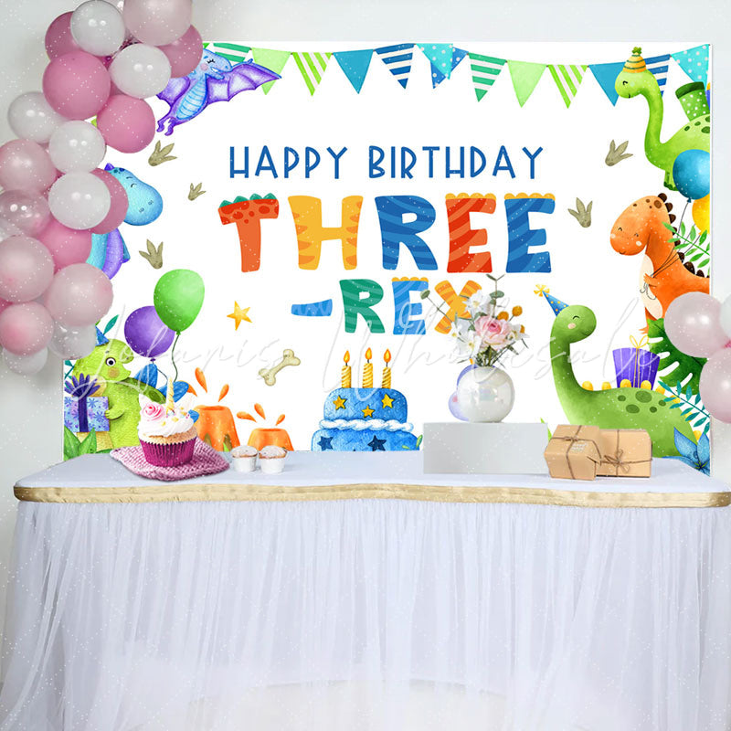 Lofaris Three Rex Cartoon Dinosaur Boy 3rd Birthday Backdrop