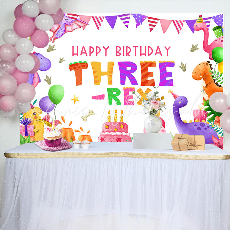 Lofaris Three Rex Cute Dinosaur Girl 3rd Birthday Backdrop
