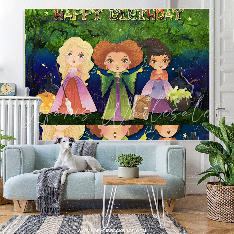 Lofaris Three Witches In Forest Magic Theme Happy Birthday Backdrop