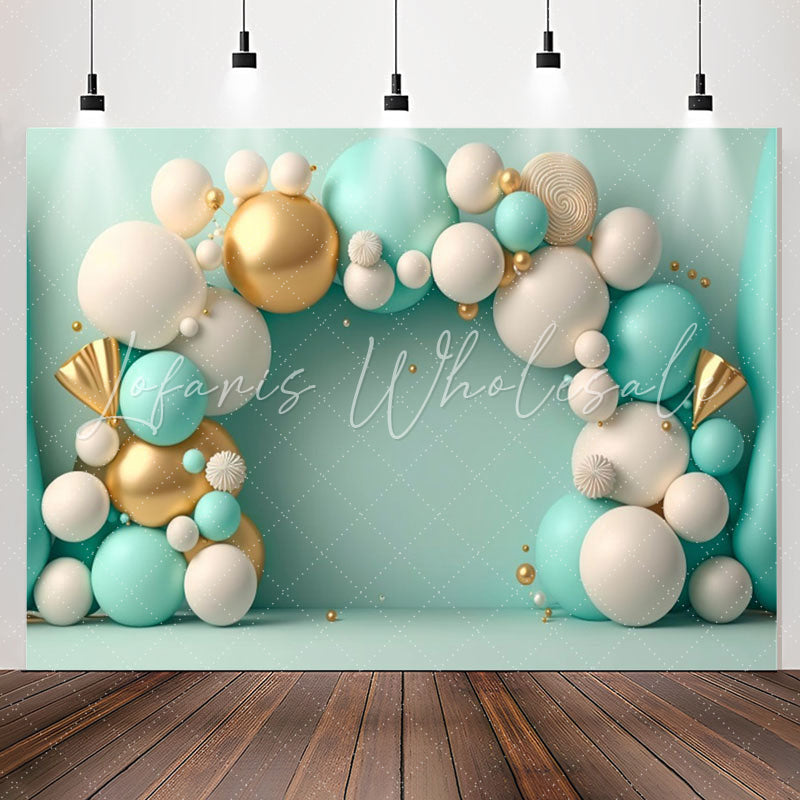 Lofaris Tiffany Blue White Golden Balloon Birthday Backdrop