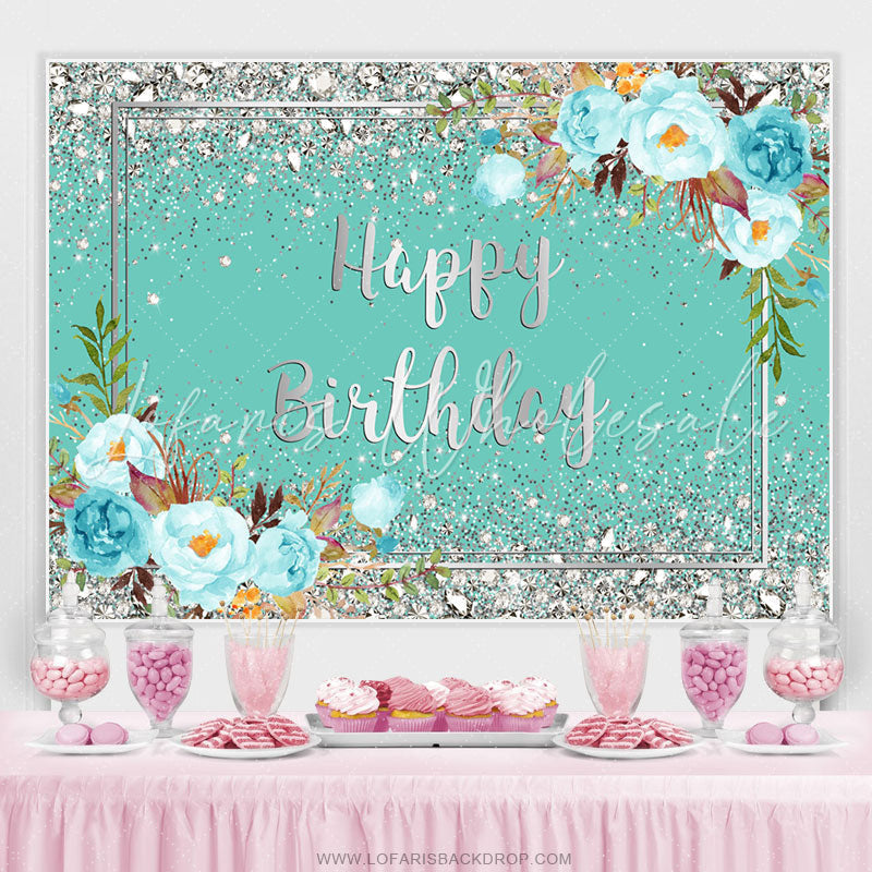 Lofaris Tiffany Bule Flowers And Silver Happy Birthday Backdrop