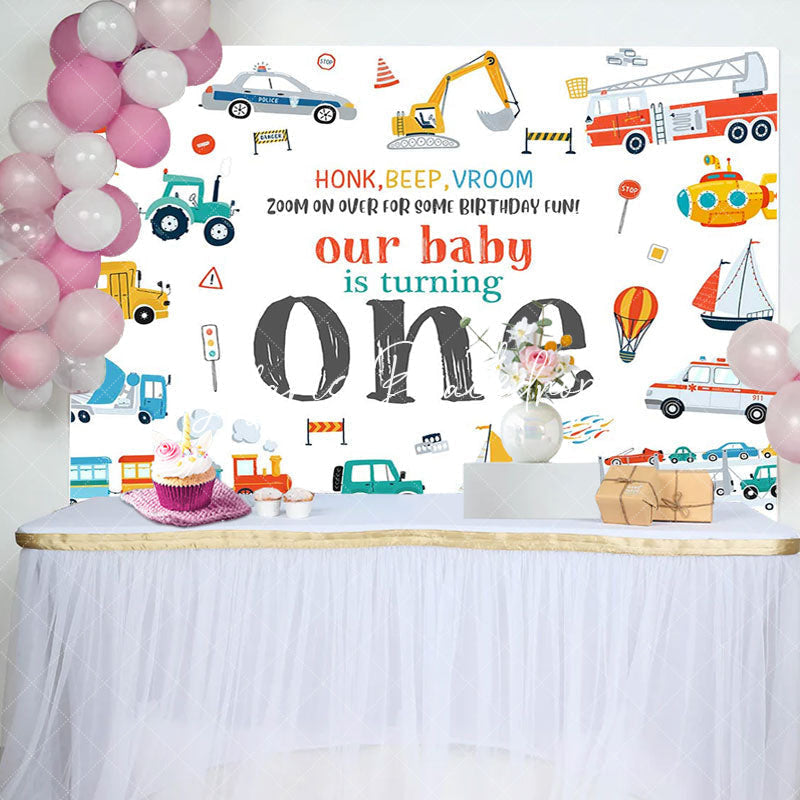 Lofaris Toy Car Our Baby Is Turning One Birthday Backdrop