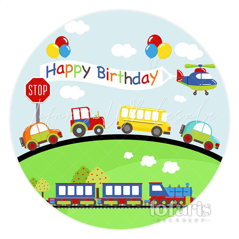 Lofaris Transportation Colorful Happy Birthday Circle Backdrop