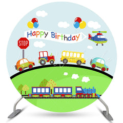 Lofaris Transportation Colorful Happy Birthday Circle Backdrop