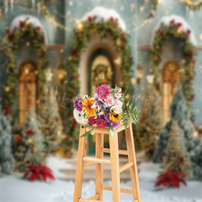 Lofaris Tree Light Door Window Snow Scene Christmas Backdrop