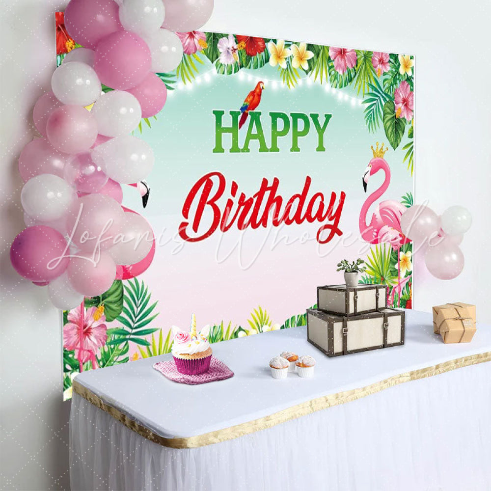 Tropical Floral Flamingo Luau Hawaiian Party Backdrop For Birthday