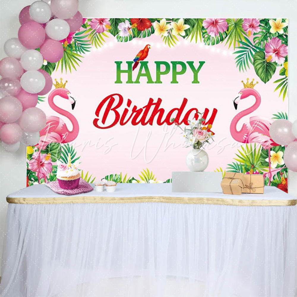 Tropical Floral Luau Flamingo Hawaiian Party Backdrop For Birthday