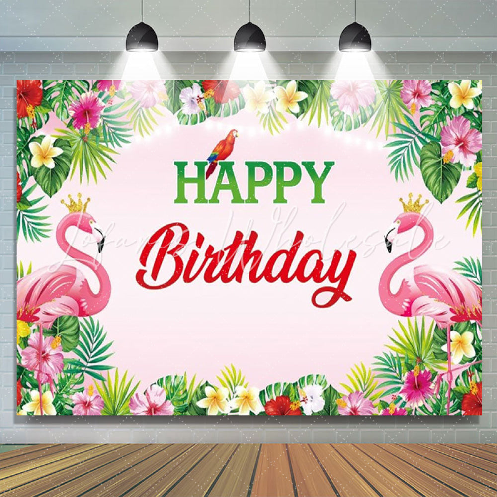 Tropical Floral Luau Flamingo Hawaiian Party Backdrop For Birthday