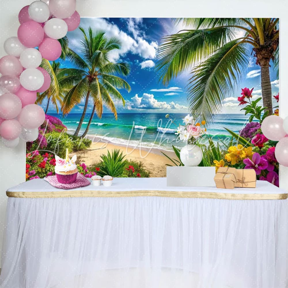 Tropical Flower Palm Leaves Summer Hawaiian Beach Photography Backdrop