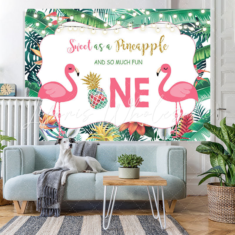Lofaris Tropical Plants Flamingos Happy 1st Birthday Backdrop