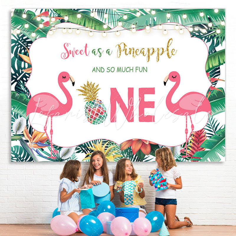 Lofaris Tropical Plants Flamingos Happy 1st Birthday Backdrop