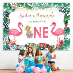 Lofaris Tropical Plants Flamingos Happy 1st Birthday Backdrop