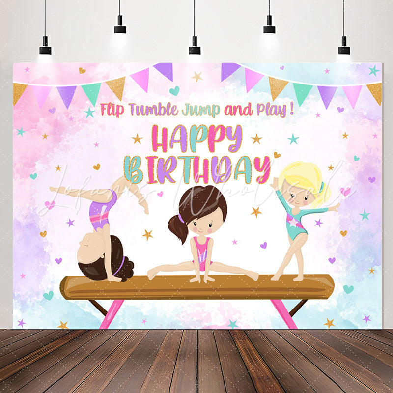 Lofaris Tumble Jump Gymnast Girls Happy Birthday Backdrop