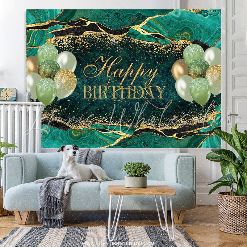 Lofaris Turquoise With Golden Balloon Happy Birthday Backdrop