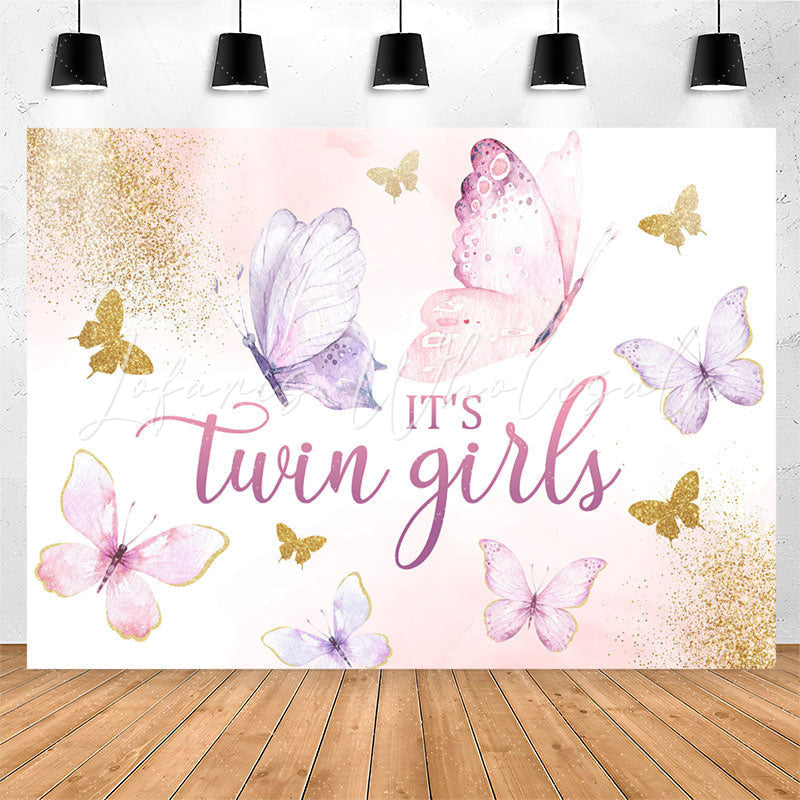 Lofaris Twin Girls Butterfly Glitter Baby Shower Backdrop