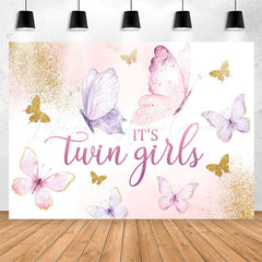 Lofaris Twin Girls Butterfly Glitter Baby Shower Backdrop